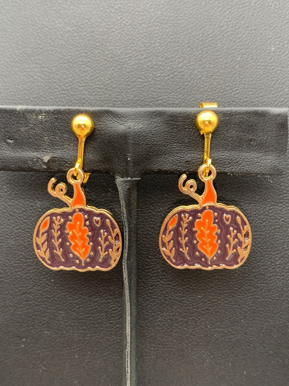 Gold-Tone Orange & brown fall Autumn Pumpkin Drop clip on Earrings